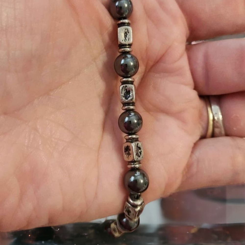 Metallic Gray Pearl with Silver Rectangle Blocks Bracelet